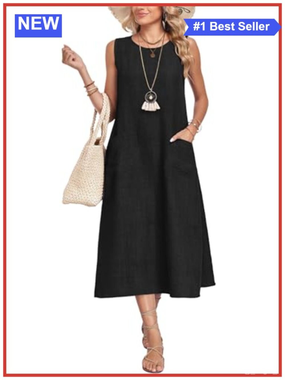 Womens Midi Casual Sleeveless Dress with Pockets 100% Polyester